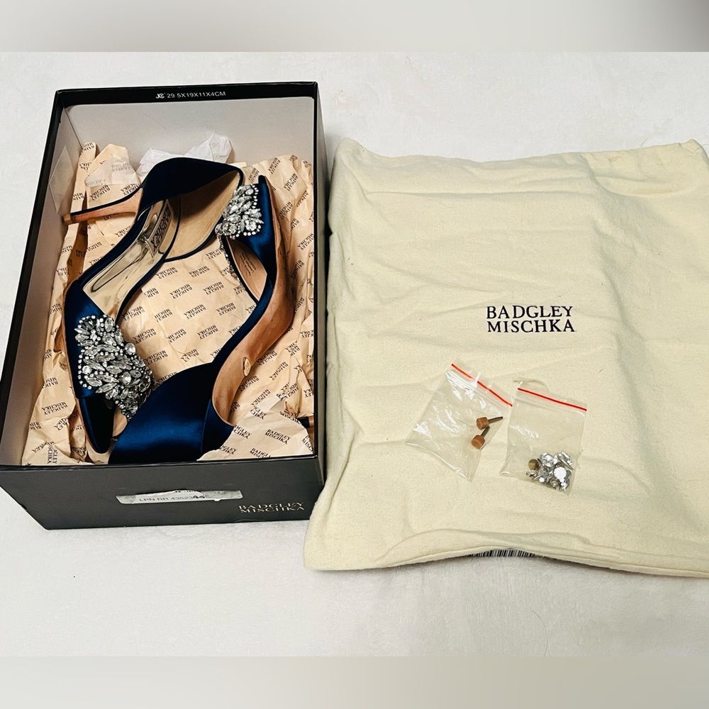 Badgley Mischka Blue Satin Heels with Rhinestone Embellishments